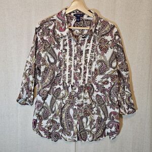 Bandolino Women's Button Up Paisley Pink Purple Tuxedo Bib Lace Detail 3/4 Large